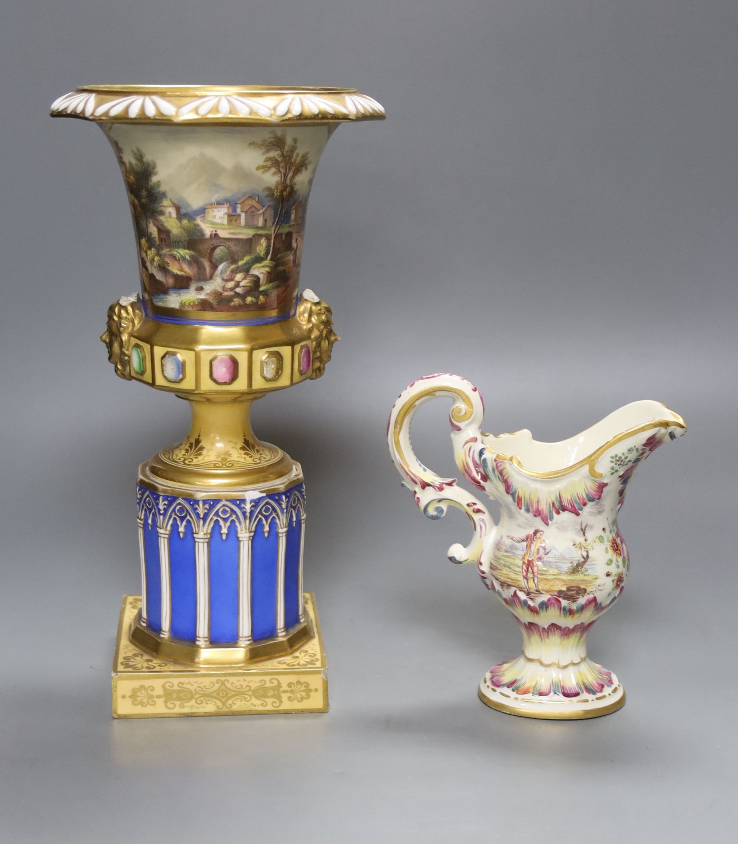 A 19th century French blue ground vase and a Lille faience cream jug, tallest 27cm